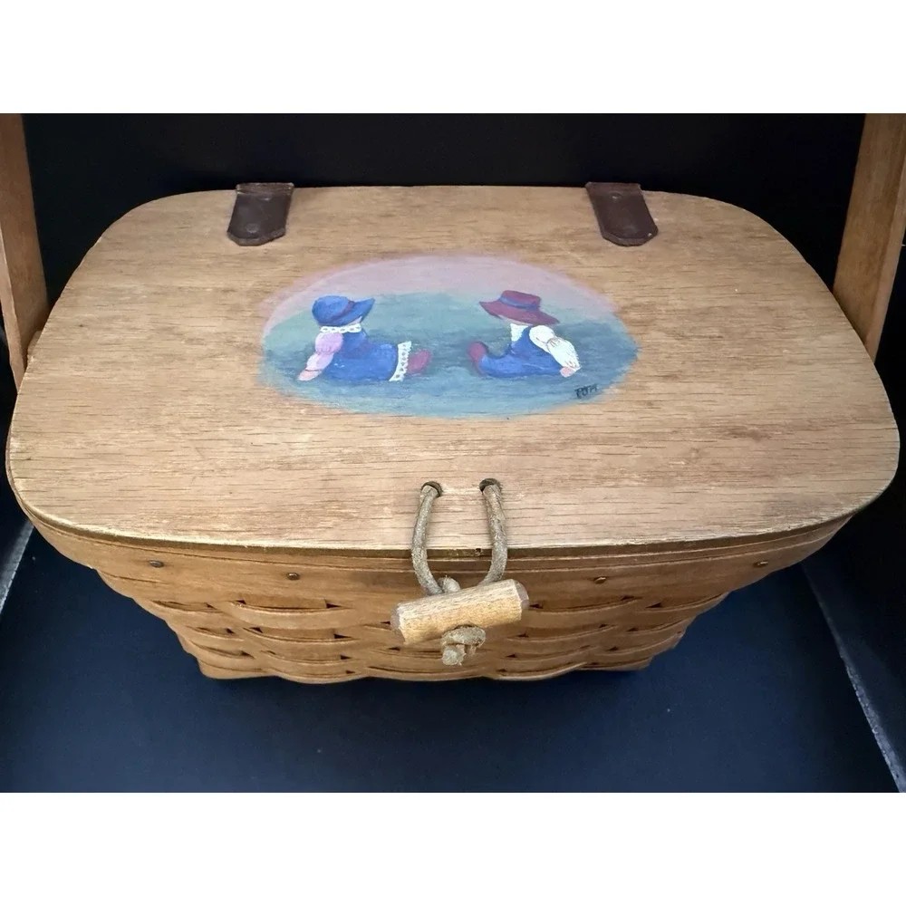 Longaberger Basket with Lid Hand Painted Signed Vintage Dresden Ohio